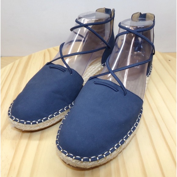 Eileen Fisher Lace Up Espadrille Shoes Womens Navy Blue Size 8 Back Zip Nubuck - Picture 1 of 8
